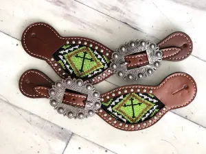 Green (Lime) Cross Beaded Inset Spur Straps