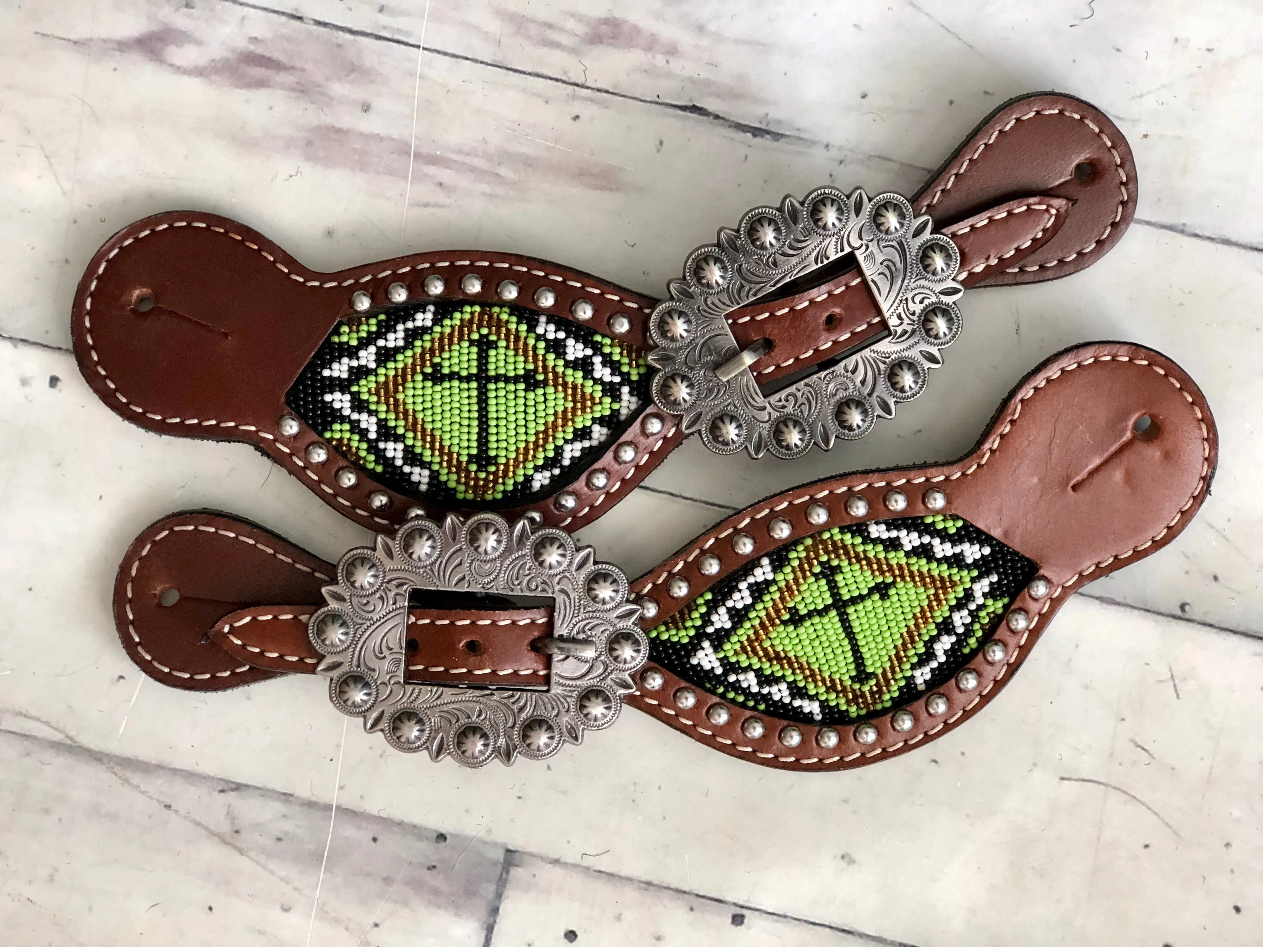 Green (Lime) Cross Beaded Inset Spur Straps
