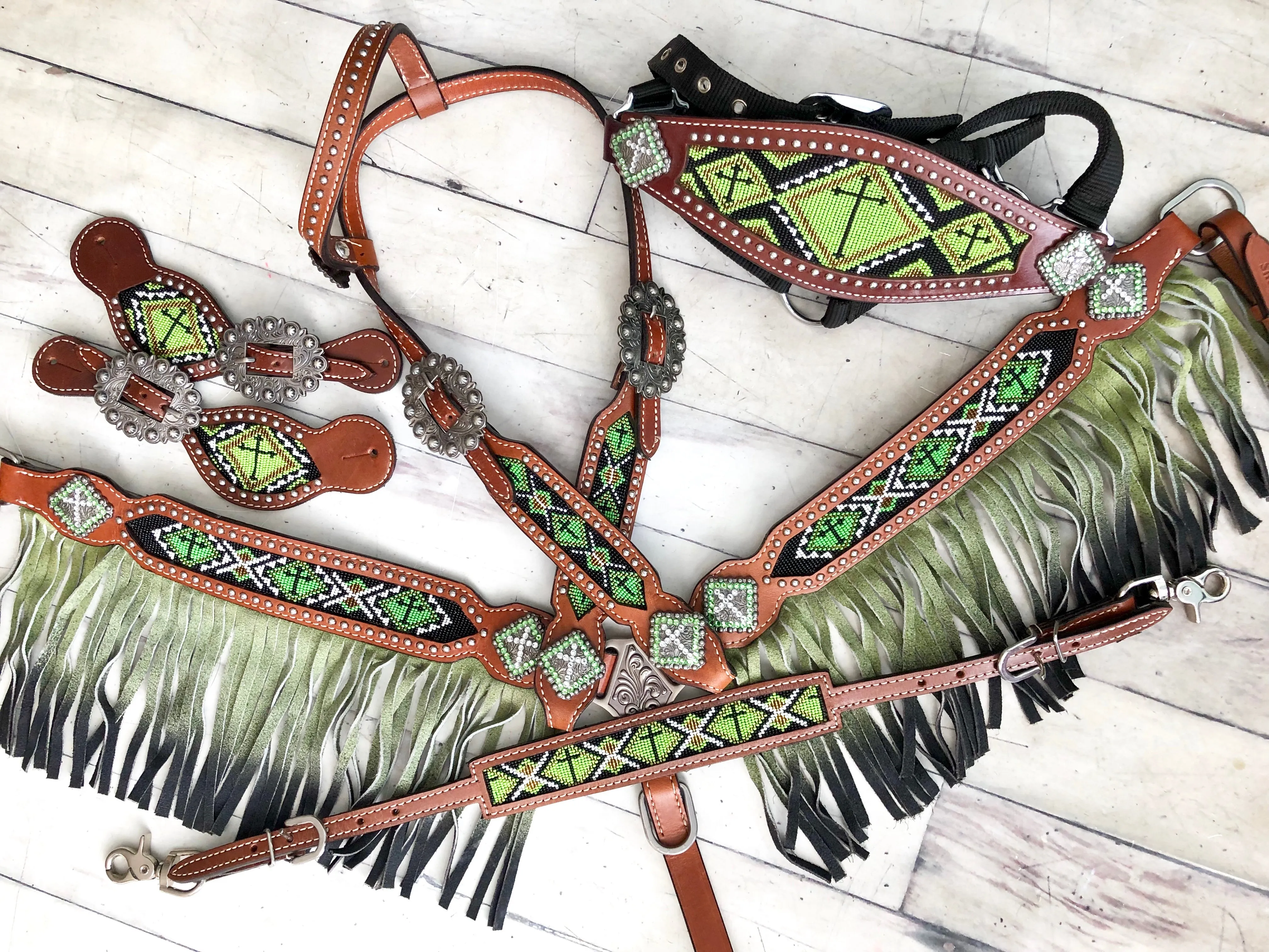 Green (Lime) Cross Beaded Inset Spur Straps