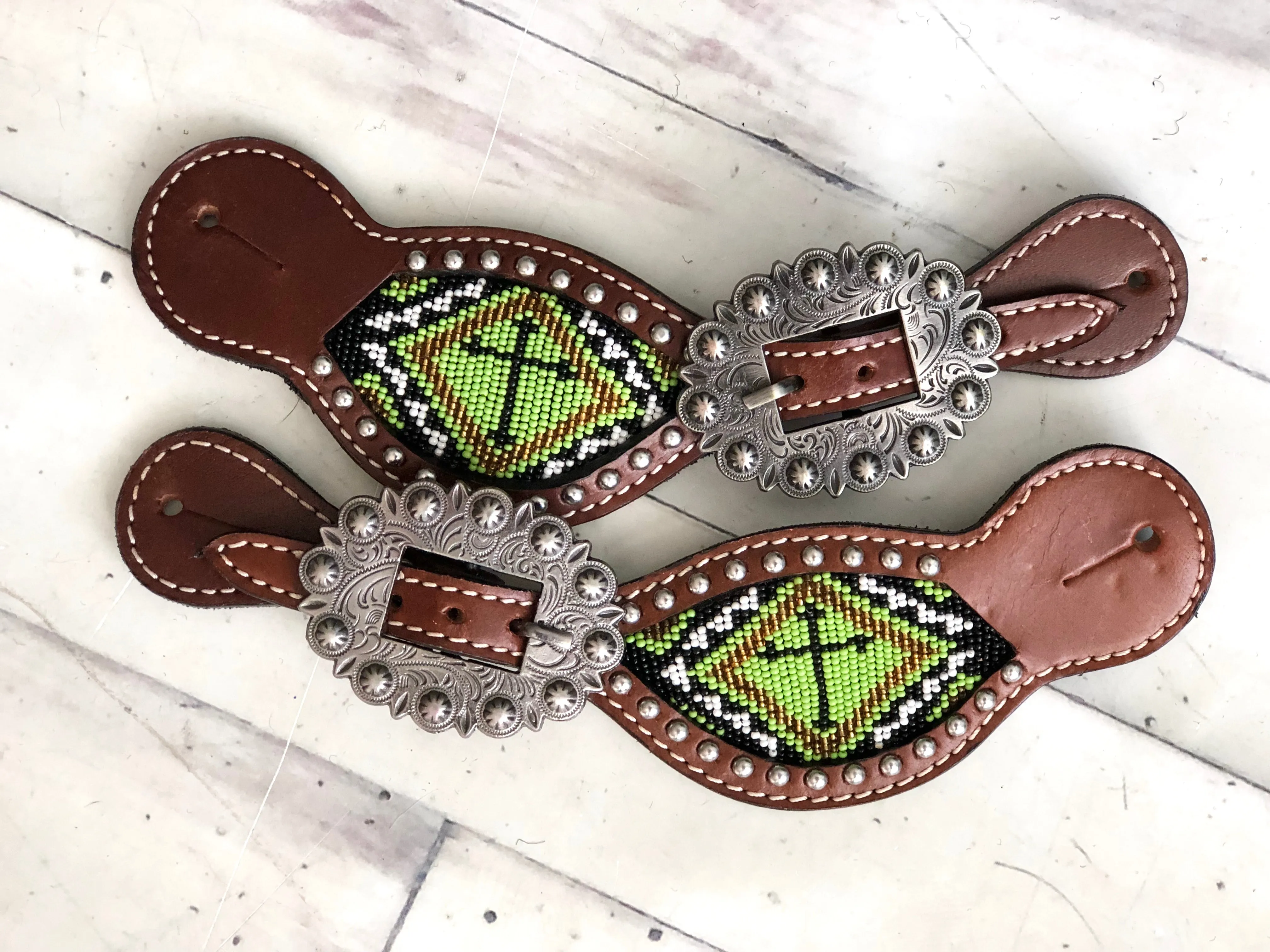 Green (Lime) Cross Beaded Inset Spur Straps
