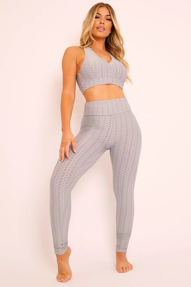 Grey Woven Ribbed Leggings and Crop Top Co-ord - Henli