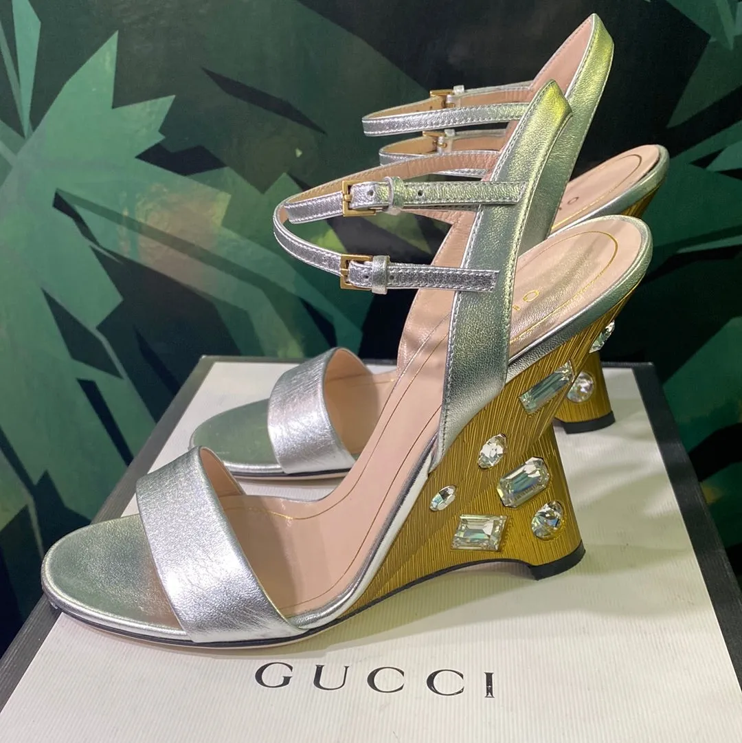 Gucci Silver Metallic Sandal with Gold Embellished Wedge