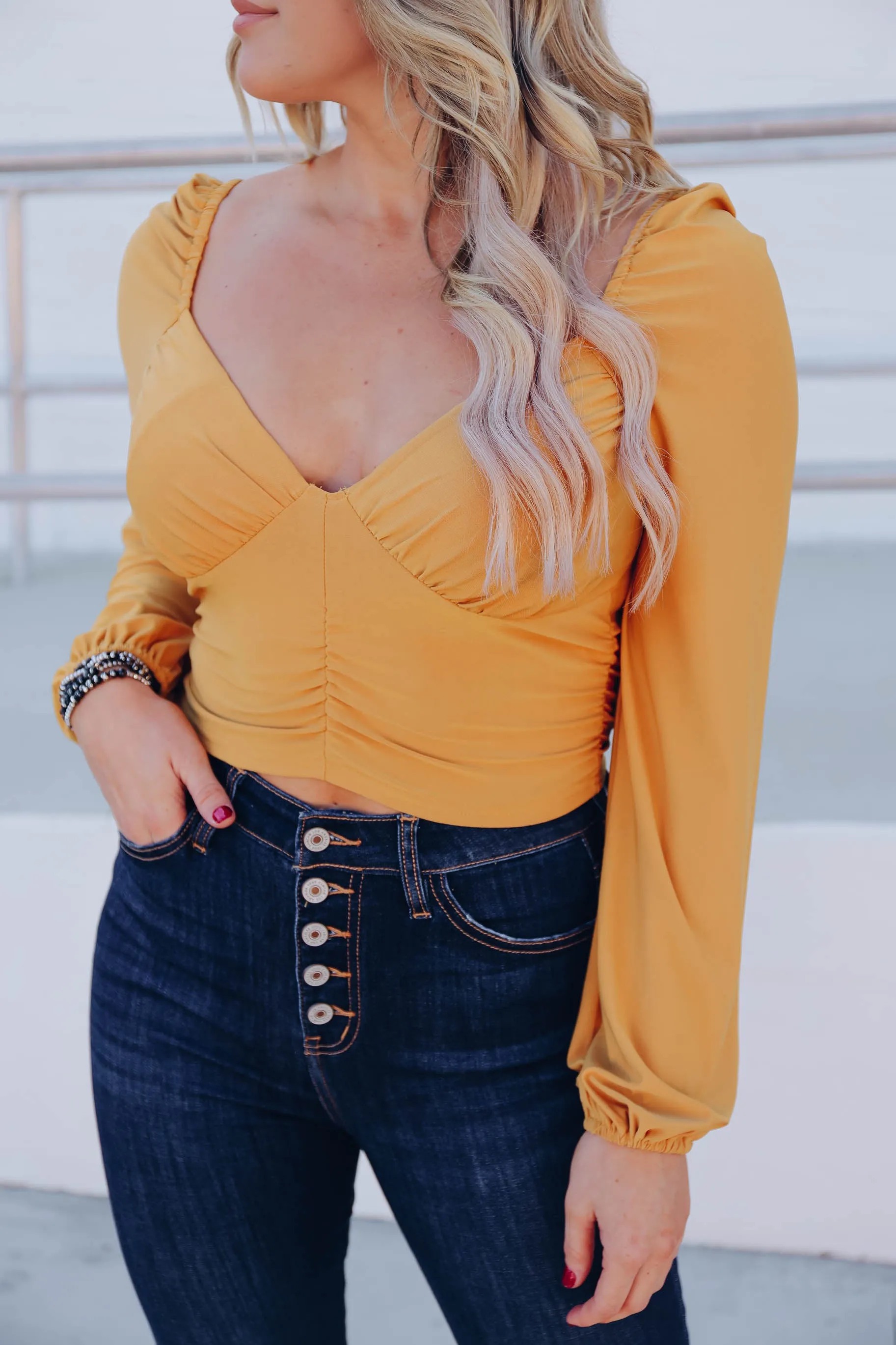 Ivy Ruched Crop Top - Mustard