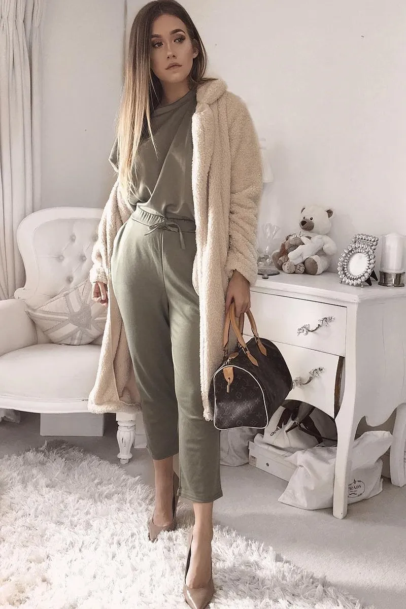 Khaki Short Sleeve Crop Jogger Loungewear Set - Aarian