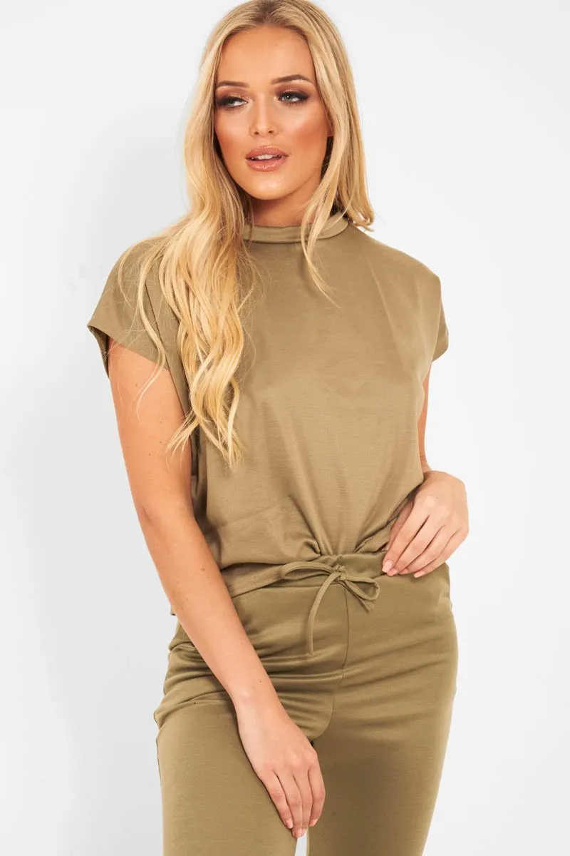 Khaki Short Sleeve Crop Jogger Loungewear Set - Aarian