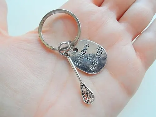 Lacrosse Stick Charm Keychain with Believe in Yourself Tag Charm; Graduate Keychain, Lacrosse Player Keychain
