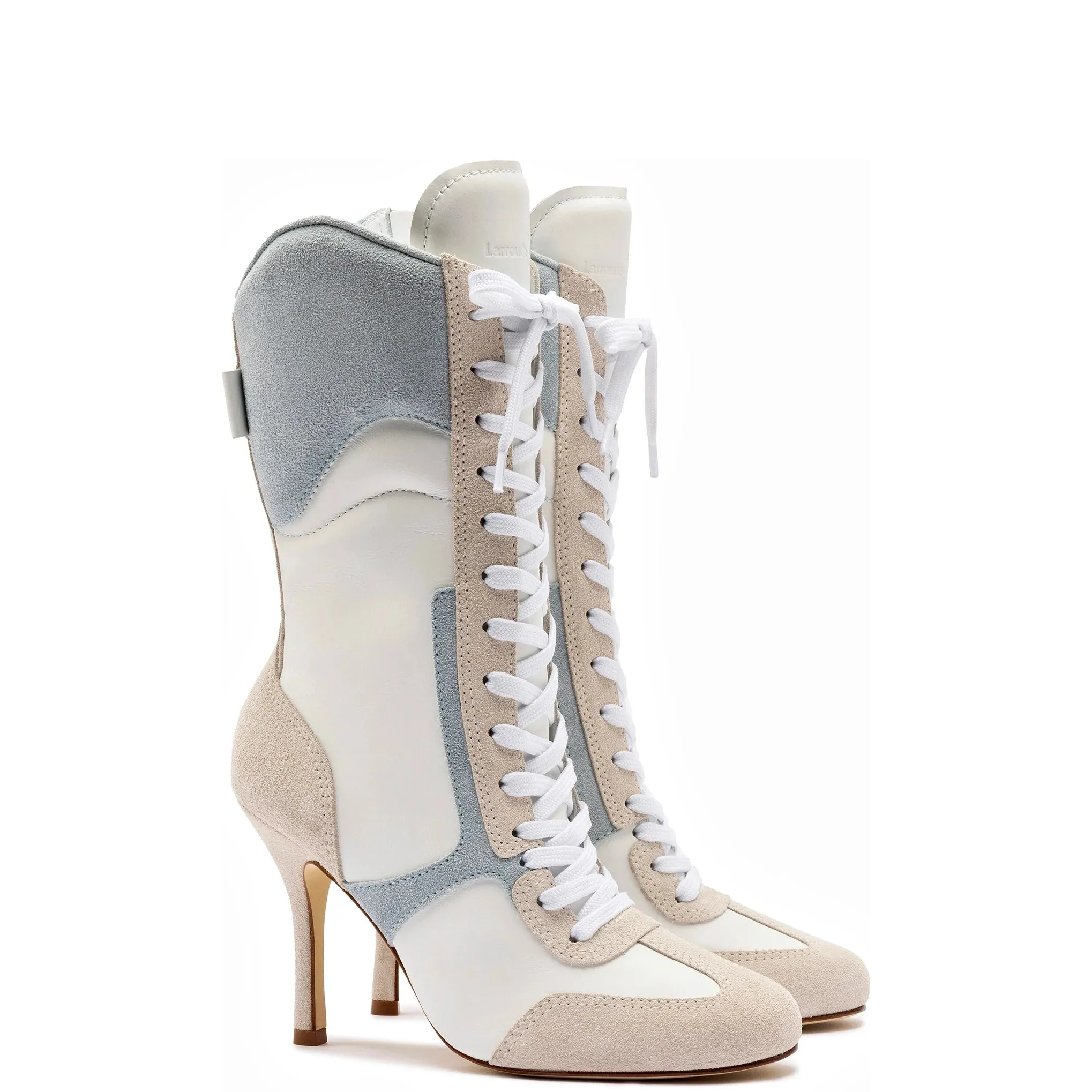 Larroude x Jonathan Cohen High Heel Sneaker Boot In White Leather, Maya and Mushroom Grey Suede