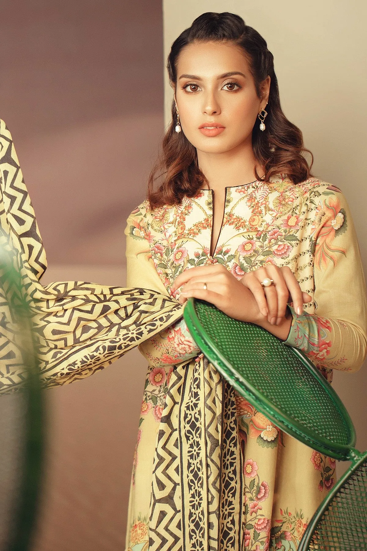 Latest Summer Pakistani printed lawn dress in olive green color # P2499