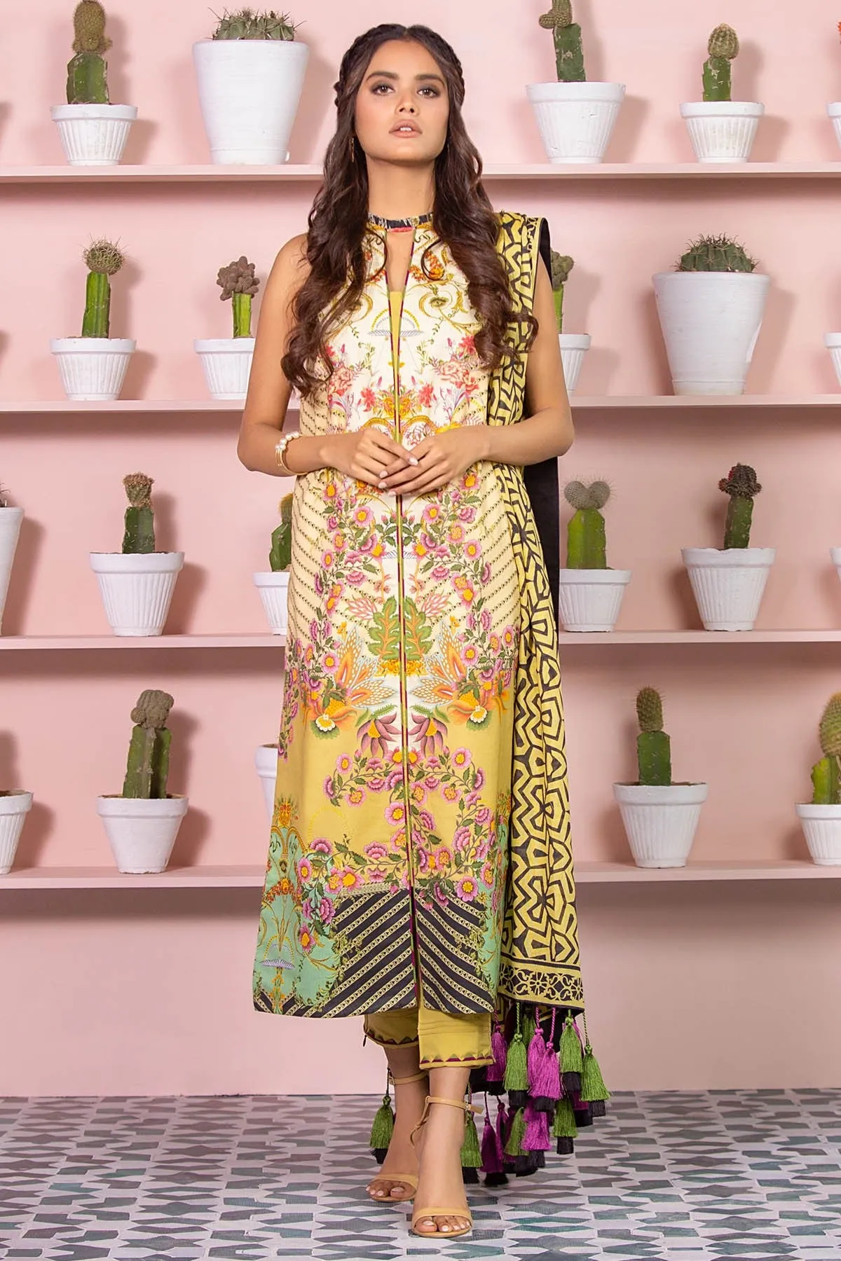 Latest Summer Pakistani printed lawn dress in olive green color # P2499