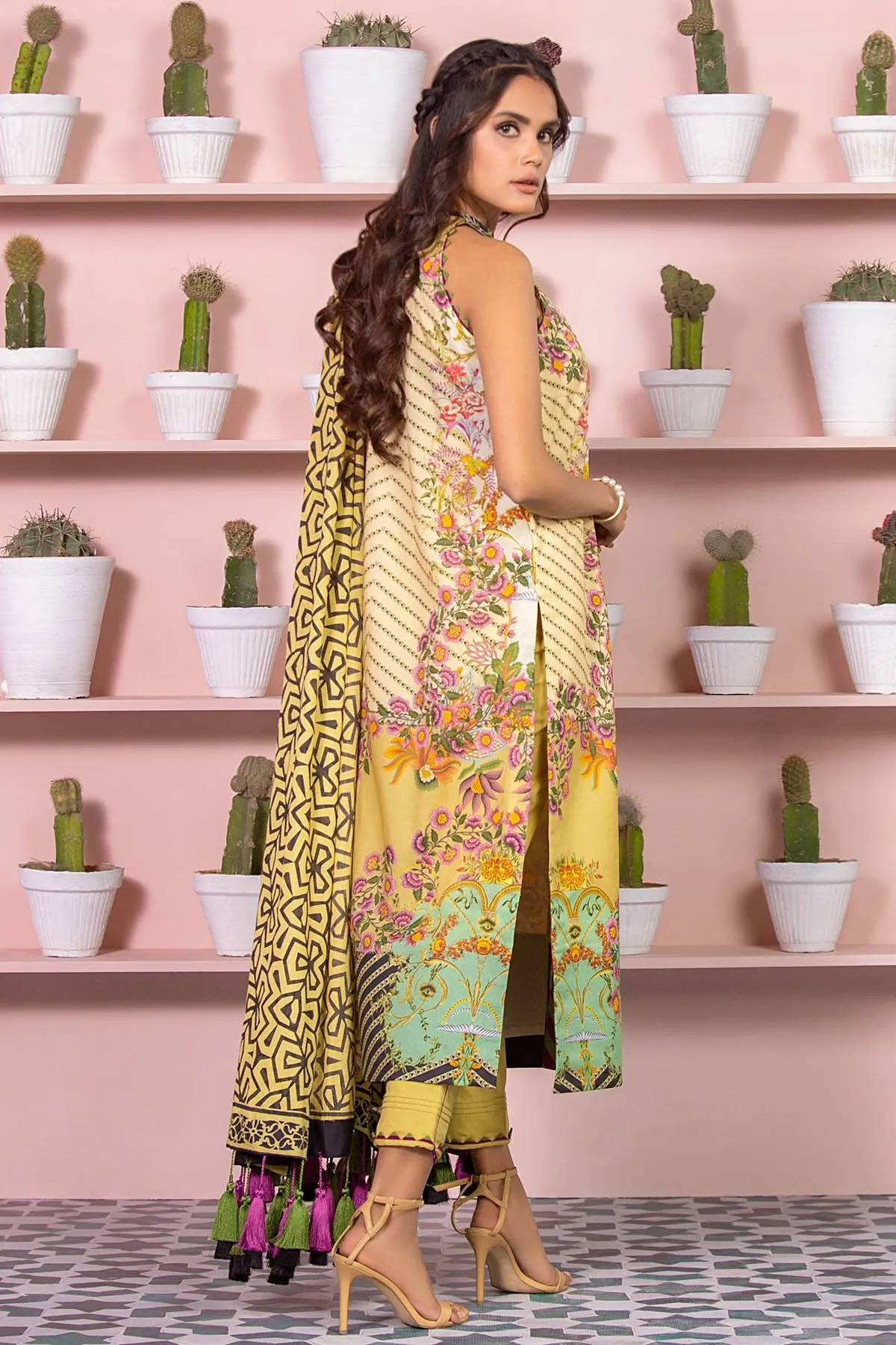 Latest Summer Pakistani printed lawn dress in olive green color # P2499