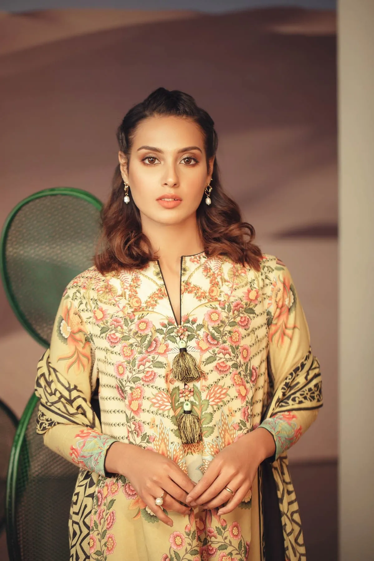 Latest Summer Pakistani printed lawn dress in olive green color # P2499