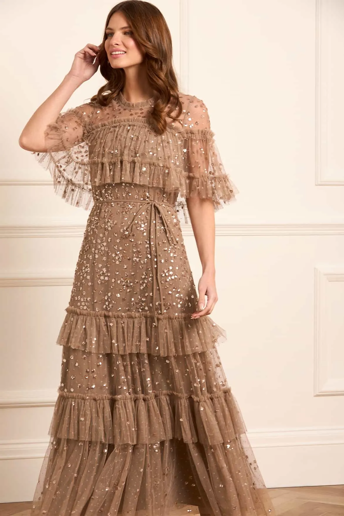 Leila Dot Tiered Cape Ankle Gown