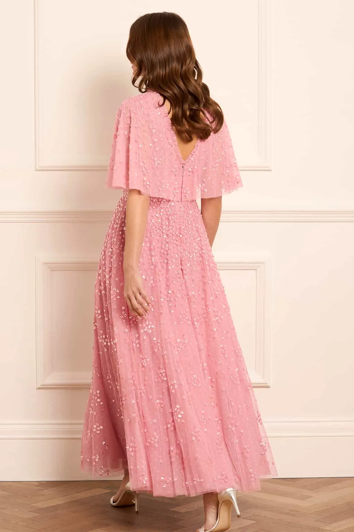 Leila Dot V-Neck Cape Ankle Gown
