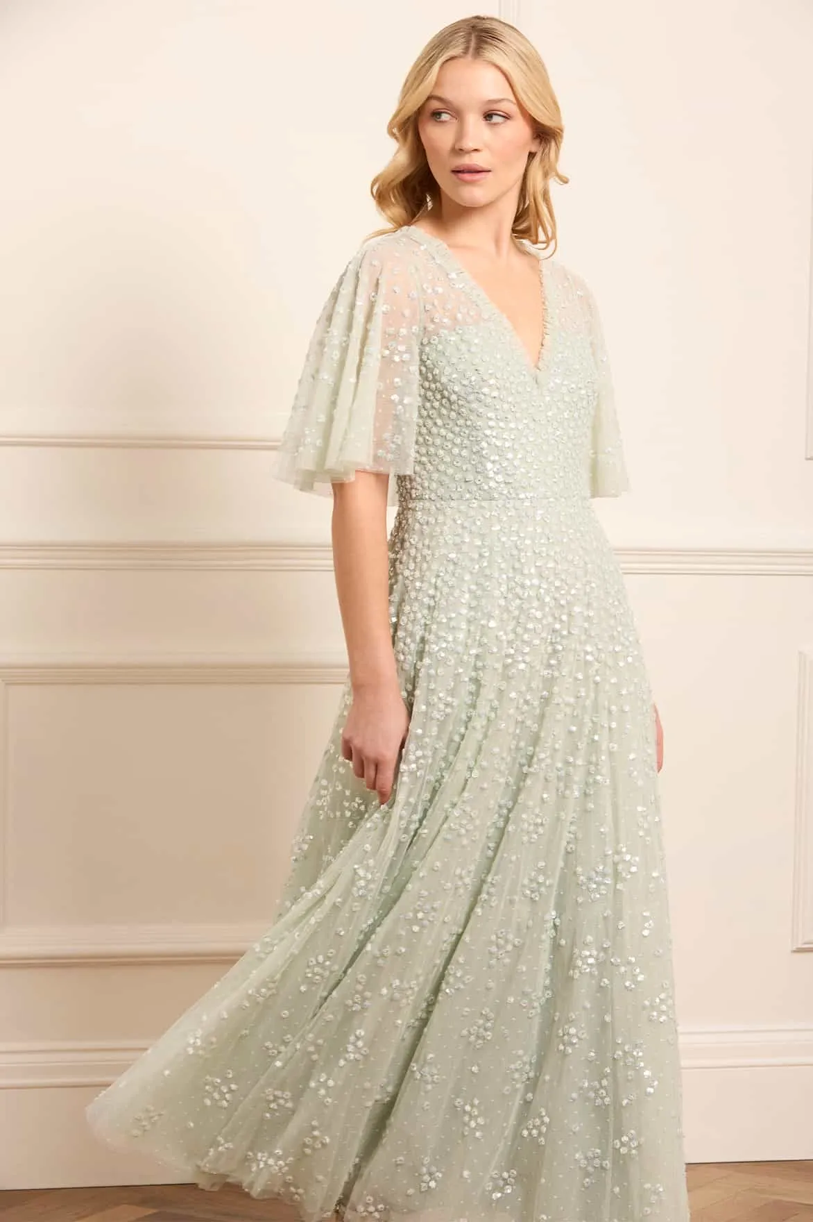 Leila Dot V-Neck Cape Ankle Gown