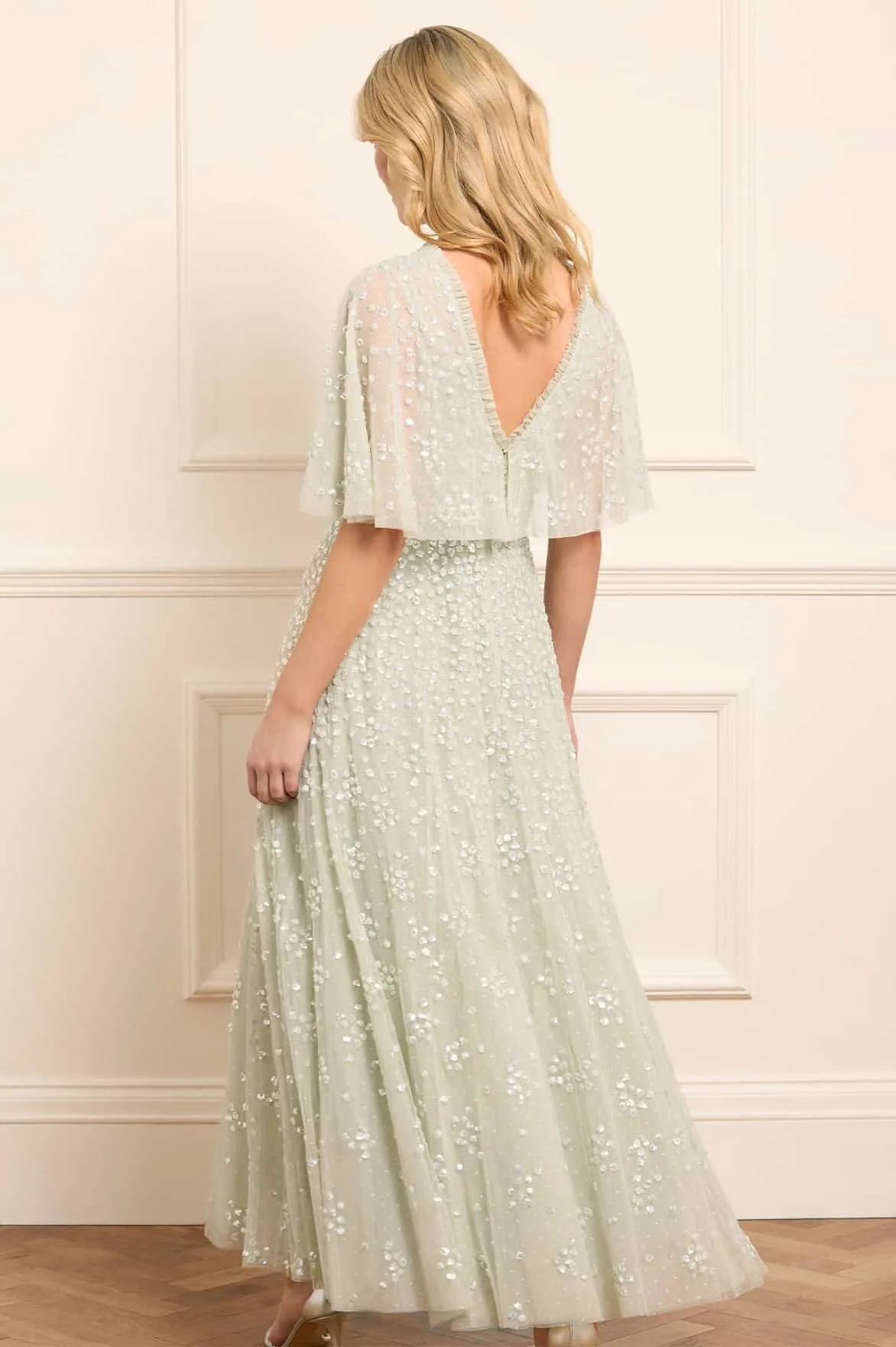 Leila Dot V-Neck Cape Ankle Gown