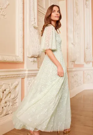 Leila Dot V-Neck Cape Ankle Gown
