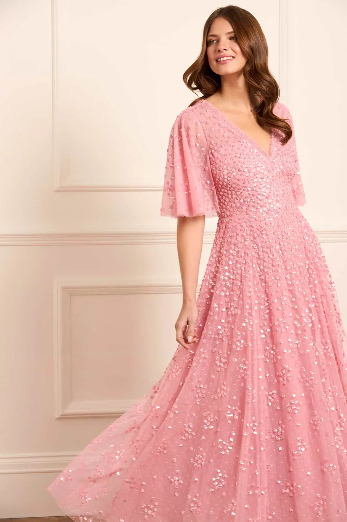 Leila Dot V-Neck Cape Ankle Gown
