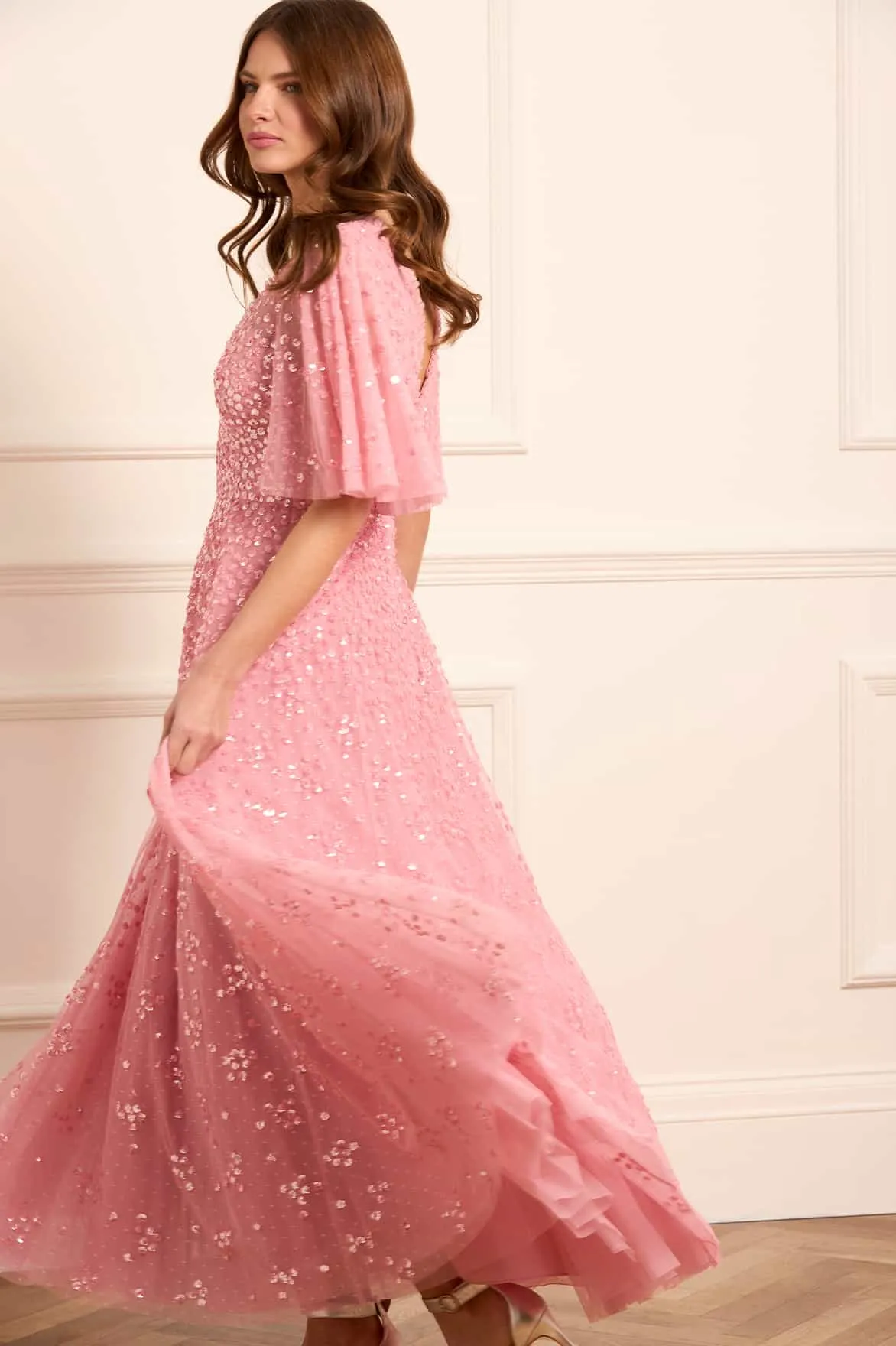 Leila Dot V-Neck Cape Ankle Gown