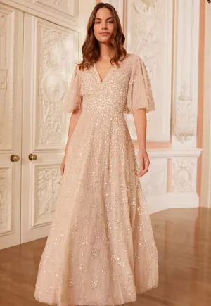 Leila Dot V-Neck Cape Ankle Gown