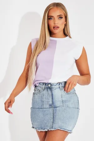 Lilac Half Splice Contrast Shoulder Pad Oversized T-shirt - Amzie