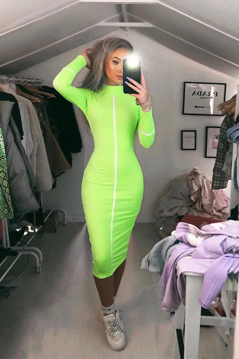 Lime Green Contrast Stripe Detail High Neck Midi Dress - Niana