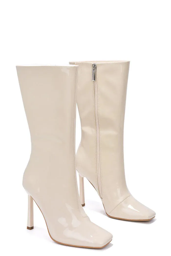 LUCIENE Off White Faux Patent Leather Boot - Inner Zipper Closure