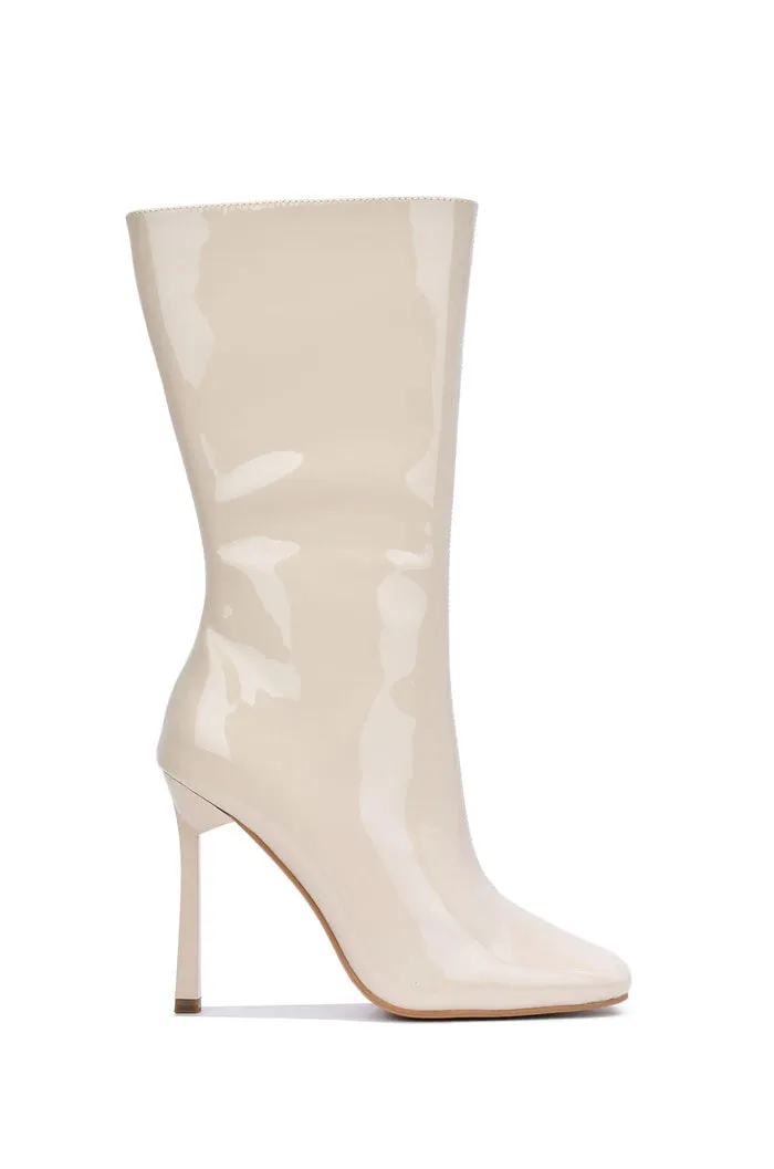 LUCIENE Off White Faux Patent Leather Boot - Inner Zipper Closure