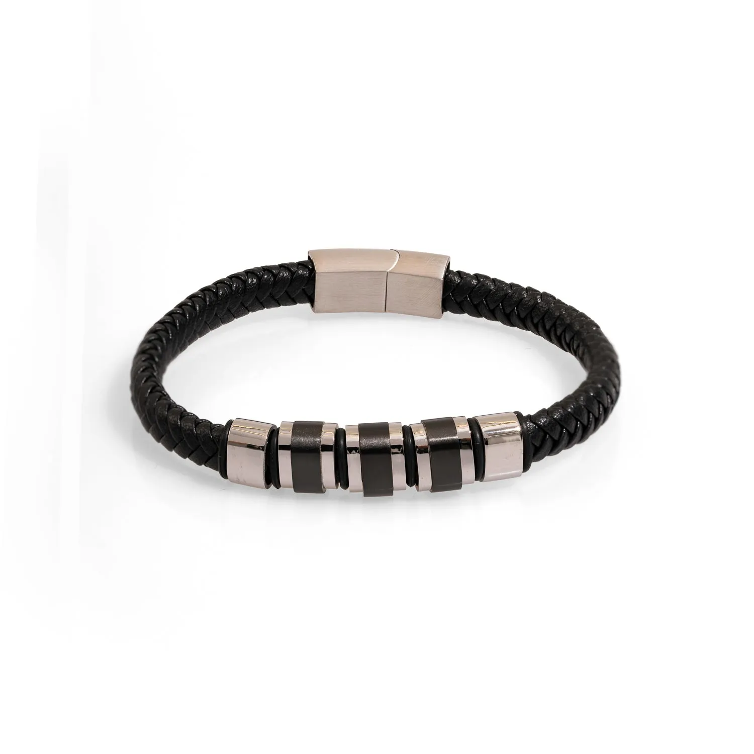 Men's Fashion Style Black Leather & Silver Bracelet