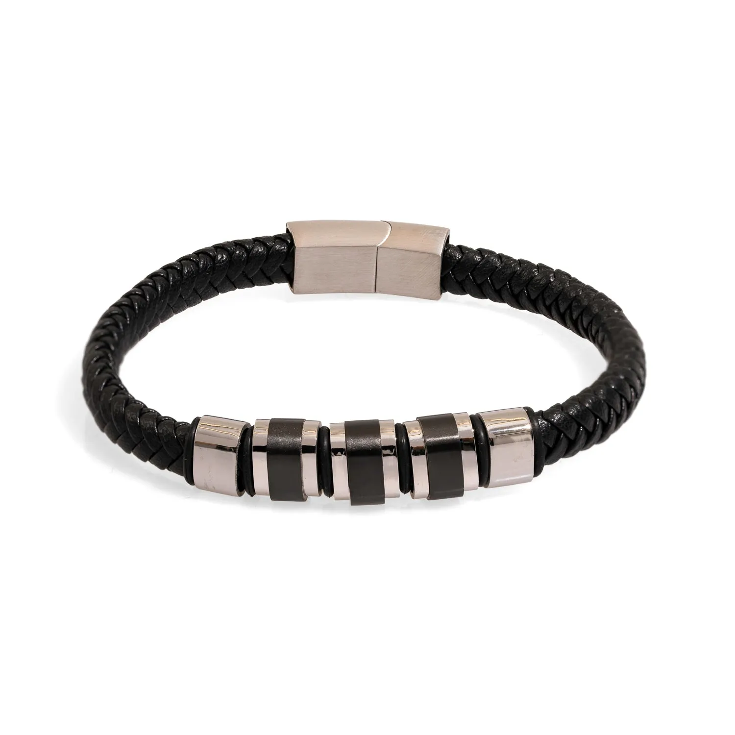 Men's Fashion Style Black Leather & Silver Bracelet