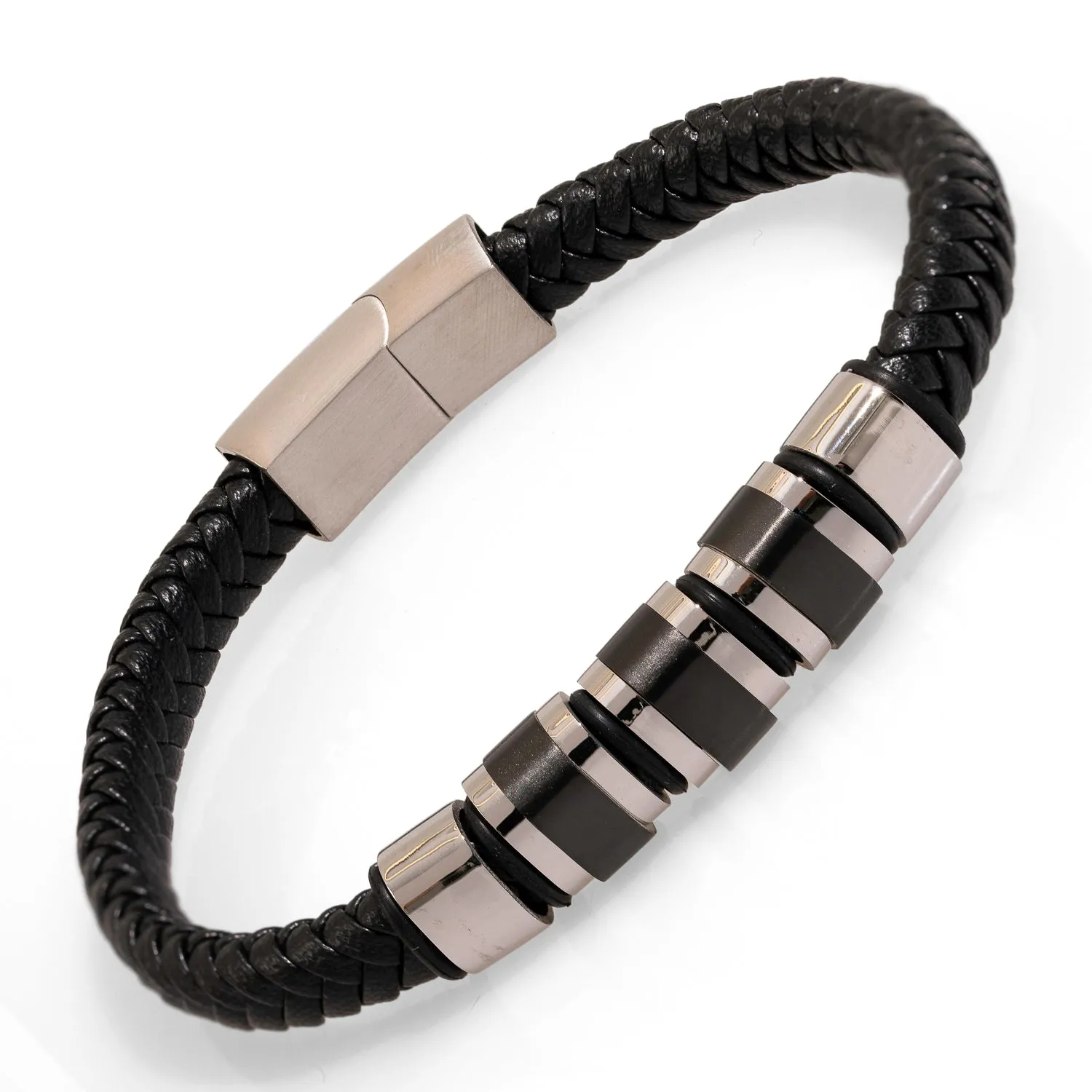 Men's Fashion Style Black Leather & Silver Bracelet
