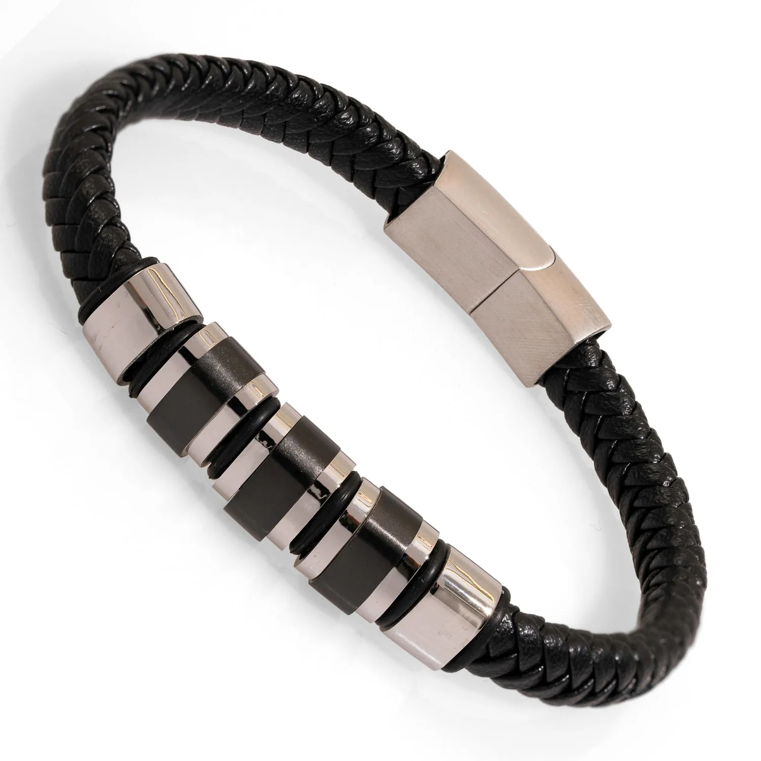 Men's Fashion Style Black Leather & Silver Bracelet