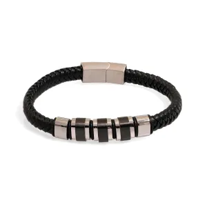 Men's Fashion Style Black Leather & Silver Bracelet