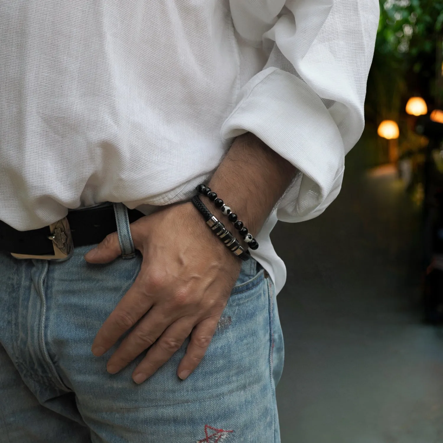 Men's Fashion Style Black Leather & Silver Bracelet
