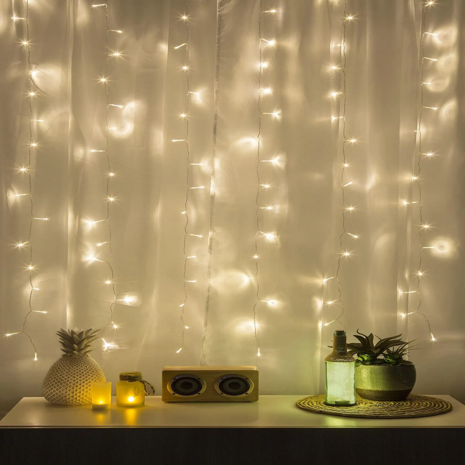 Merkury Innovations Curtain Lights Cascading LED Lighting! Comprised of 96 pink, purple, and blue LEDs, this 3.5" x 5" light display is designed for versatility:
