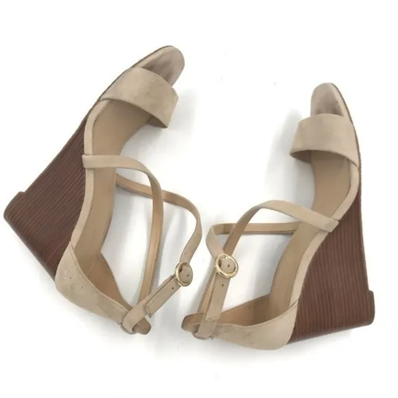 Michael Kors Cream Suede Leather Strappy Wood Wedge Heels Size 8