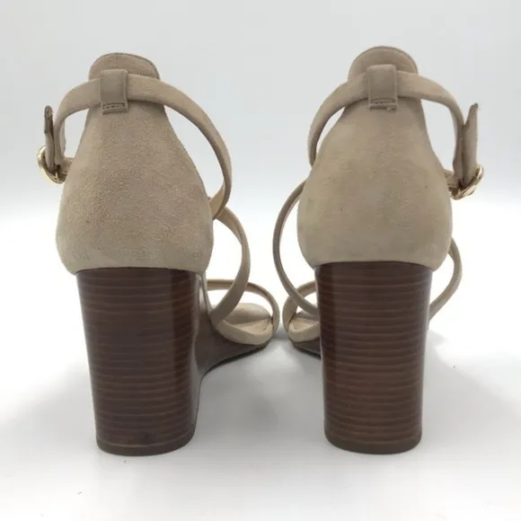 Michael Kors Cream Suede Leather Strappy Wood Wedge Heels Size 8
