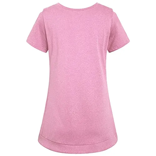Miusey Workout Clothes for Women, Girls Lightweight Breathable Sports Training Athletic Clothing Summer Causal Active Wear Shirts with Cold Shoulder Pink Medium