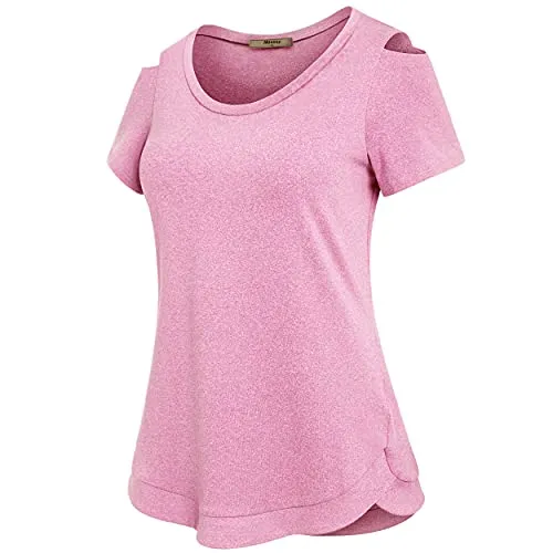 Miusey Workout Clothes for Women, Girls Lightweight Breathable Sports Training Athletic Clothing Summer Causal Active Wear Shirts with Cold Shoulder Pink Medium