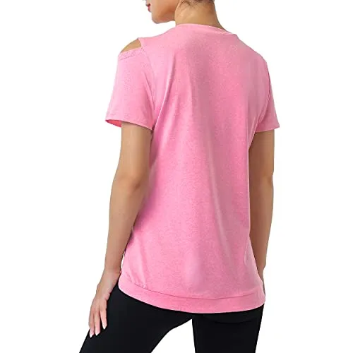 Miusey Workout Clothes for Women, Girls Lightweight Breathable Sports Training Athletic Clothing Summer Causal Active Wear Shirts with Cold Shoulder Pink Medium
