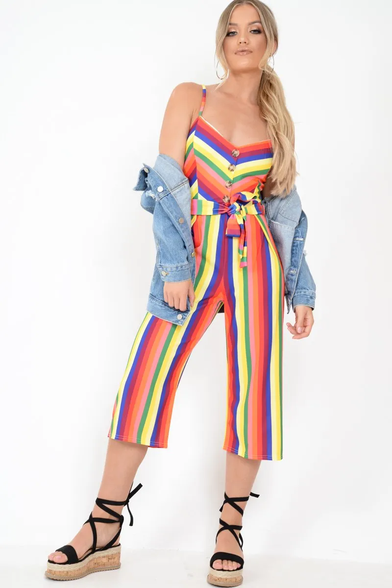 Multi Stripe Button Front Tie Waist Jumpsuit - Tavi
