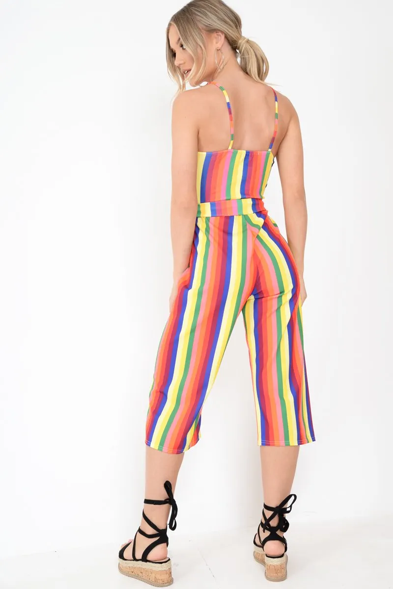 Multi Stripe Button Front Tie Waist Jumpsuit - Tavi