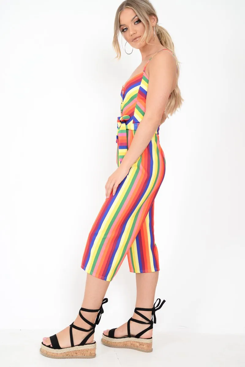 Multi Stripe Button Front Tie Waist Jumpsuit - Tavi