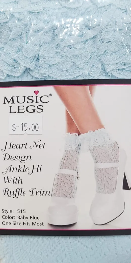 Music Legs Heart Net Design Ankle Hi with Ruffle Trim 515