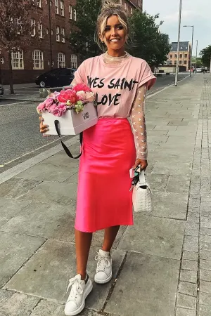 Neon Pink Satin High Waist Floaty Midi Skirt - Dasha