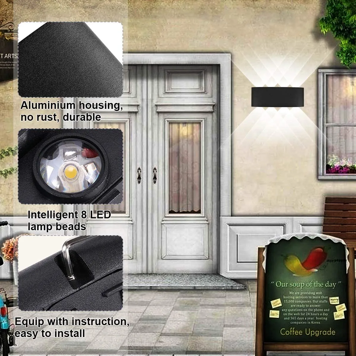 New KAWELL Modern Up/Down Matte Black Indoor/Outdoor Waterproof Wall Lamp, 8 LEDs, great for Hallway, Porch, Wall Sconce, Path Light, White Light!