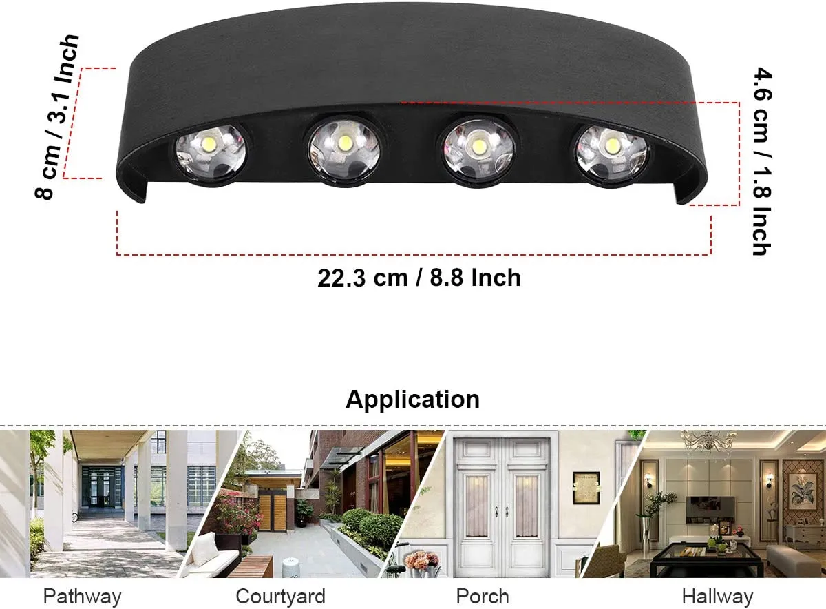 New KAWELL Modern Up/Down Matte Black Indoor/Outdoor Waterproof Wall Lamp, 8 LEDs, great for Hallway, Porch, Wall Sconce, Path Light, White Light!