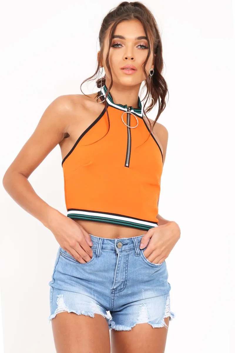 Orange Ring Zip Front Halterneck Crop Top - Wessie