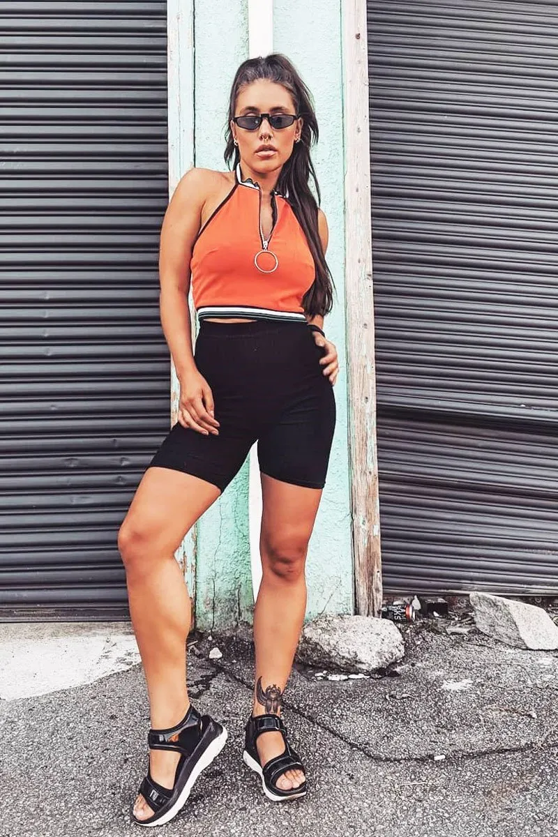 Orange Ring Zip Front Halterneck Crop Top - Wessie