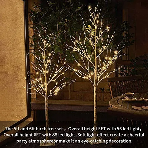 PABIPABI （Pack of 2） White Birch Tree with Lights Set 5FT 6FT Christmas Tree Lights Combo Kit Perfect for Indoor Outdoor Home Decor Holiday Party Wedding Thanksgiving & Christmas Decorations