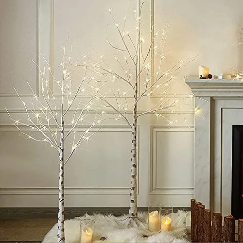 PABIPABI （Pack of 2） White Birch Tree with Lights Set 5FT 6FT Christmas Tree Lights Combo Kit Perfect for Indoor Outdoor Home Decor Holiday Party Wedding Thanksgiving & Christmas Decorations